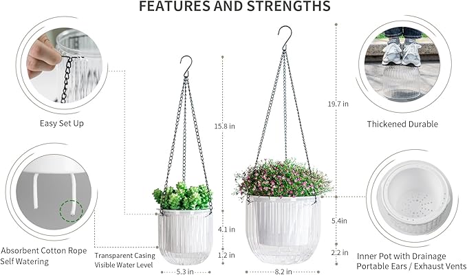Josteve 5.2/8.2 Inch 2 Pcs Self Watering Hanging Planter Indoor Plant Pots - Image 6