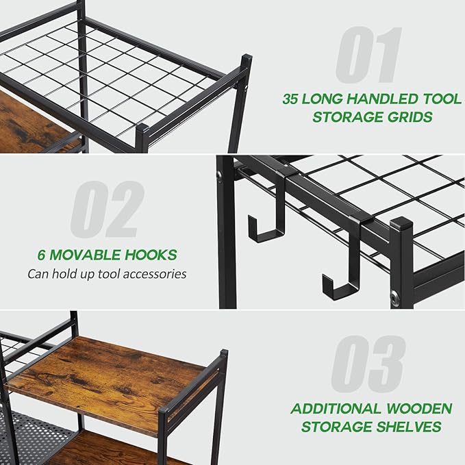 Garage Tool Organizer with 2-tier Wooden Shelves, Yard Tool Organizer - Image 3