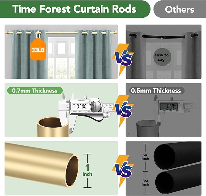 Time Forest Curtain Rods for Windows 28 to 48, 1 Inch Adjustable Gold Heavy - Image 8