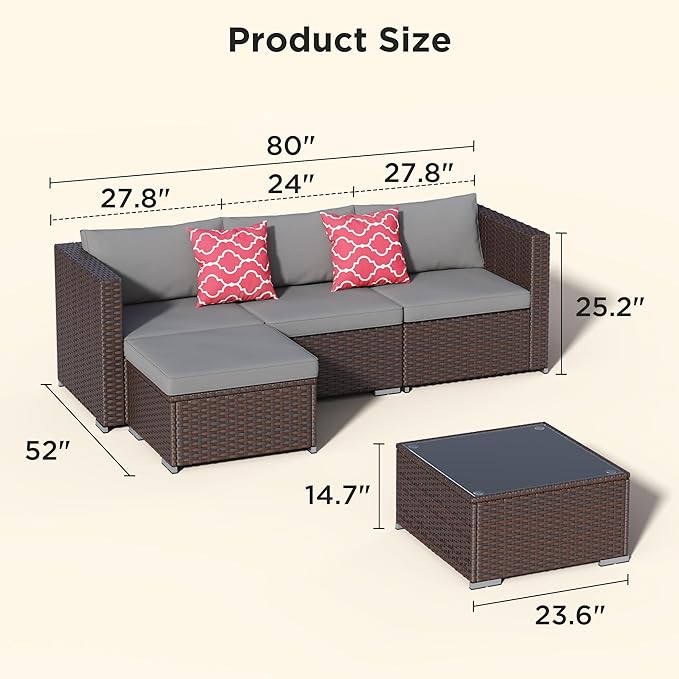 Aiho 5 Pieces Patio Furniture Set All-Weather Outdoor Wicker Sectional Patio - Image 2
