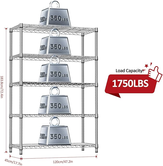 IZEUK 5-Tier Heavy Duty Metal Storage Shelving Unit, Adjustable Steel Wire Rack - Image 3