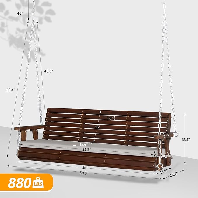 VINGLI Heavy Duty 880 LBS Patio Wooden Porch Swing Outdoor - Image 6