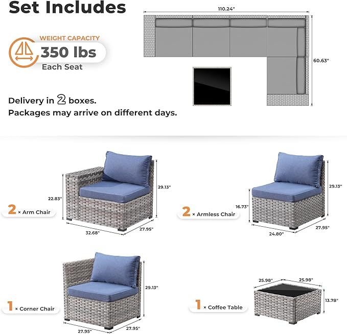 ovios 6 Pieces Patio Furniture Set, Outdoor Wicker Sectional Sofa - Image 2