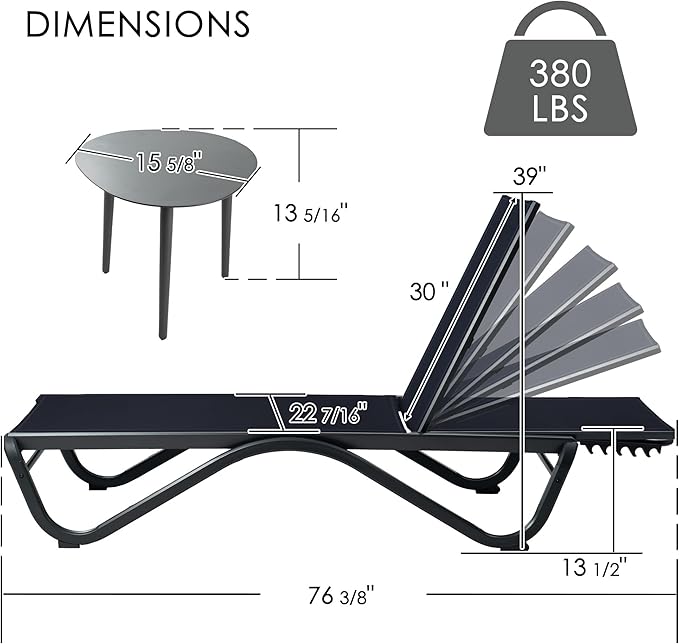 Kozyard Outdoor Chaise Lounge Chair, Full Aluminum Frame, Adjustable Reclining - Image 2