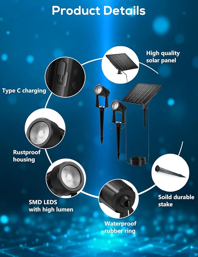 Zyan Solar Landscape Spotlights, Separate Monocrystalline Panels & USB-C - Image 8