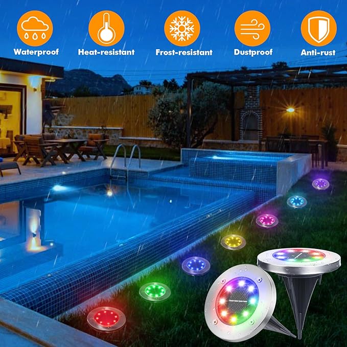 LYHOPE Solar Ground Light Outdoor, 16 Pack 8 LED Color Changing Solar Disk - Image 7