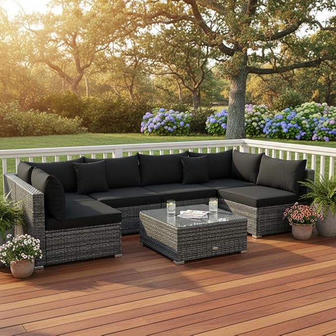 Tangkula 7 Pieces Patio Rattan Furniture Set, Patiojoy Outdoor Conversation Set - Image 3
