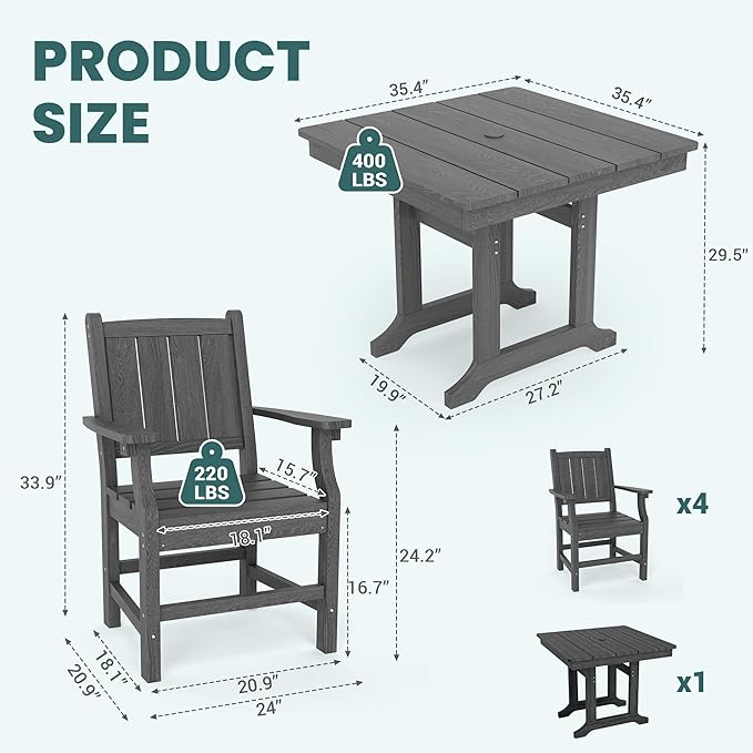 Pamapic 5 PCS Outdoor Dining Set, Spacious HDPE Outdoor Table and Chairs - Image 7
