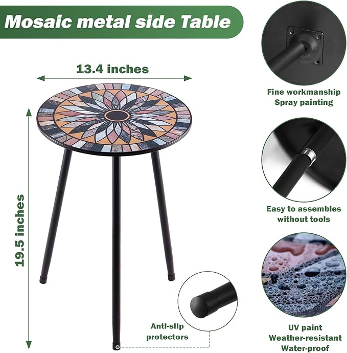 Party Zealot Metal Mosaic Round Side Tables Set of Two 13.4" Small Outdoor - Image 3