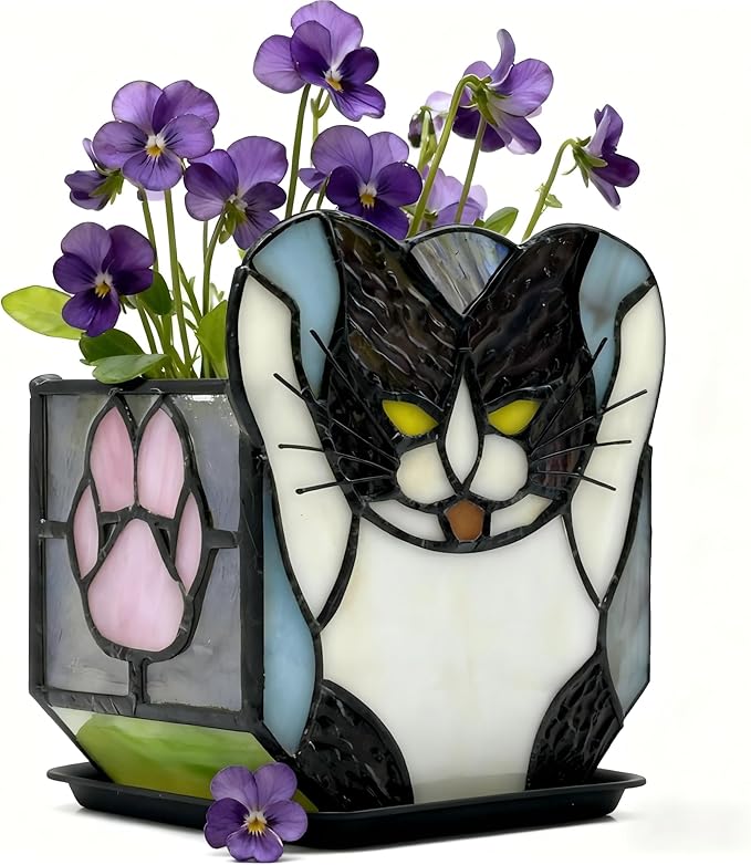 Stained Glass Black Cat Planter, Succulent Pot by Entlityful
