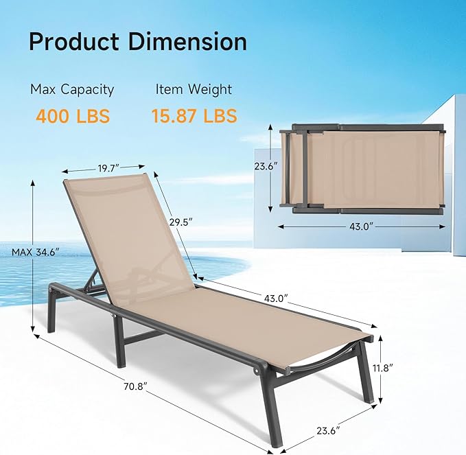 ONBRILL Aluminum Chaise Lounge Chair Outdoor, Foldable & Assembly Free Outdoor - Image 2