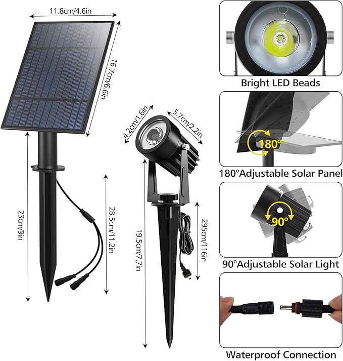 T-SUN 2W Solar Spotlights, LED Solar Powered Landscape Lights Outdoor - Image 8