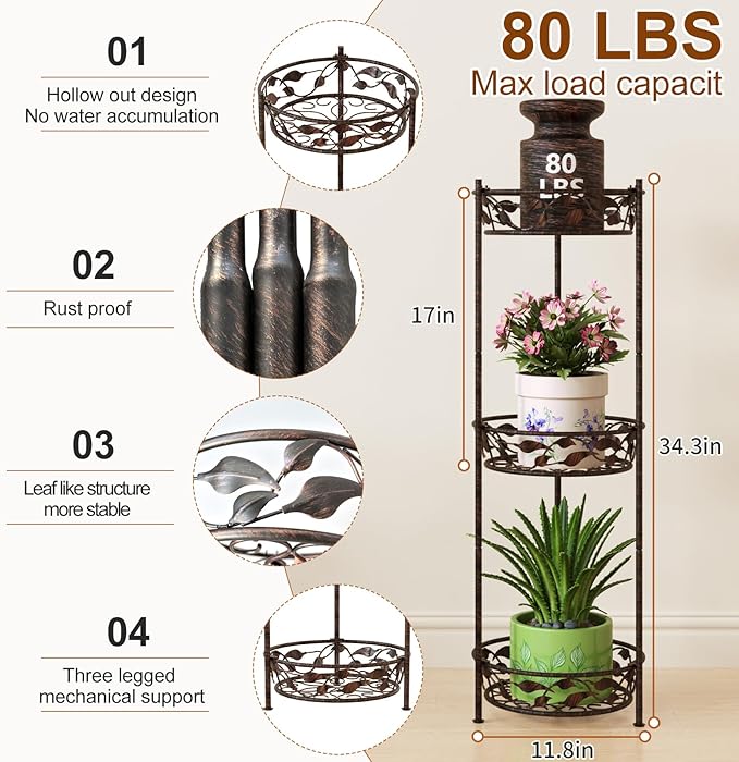 Plant Stand, Heavy Duty Metal Plant Stand Indoor Outdoor, Tall 3 Tiers Plant - Image 3