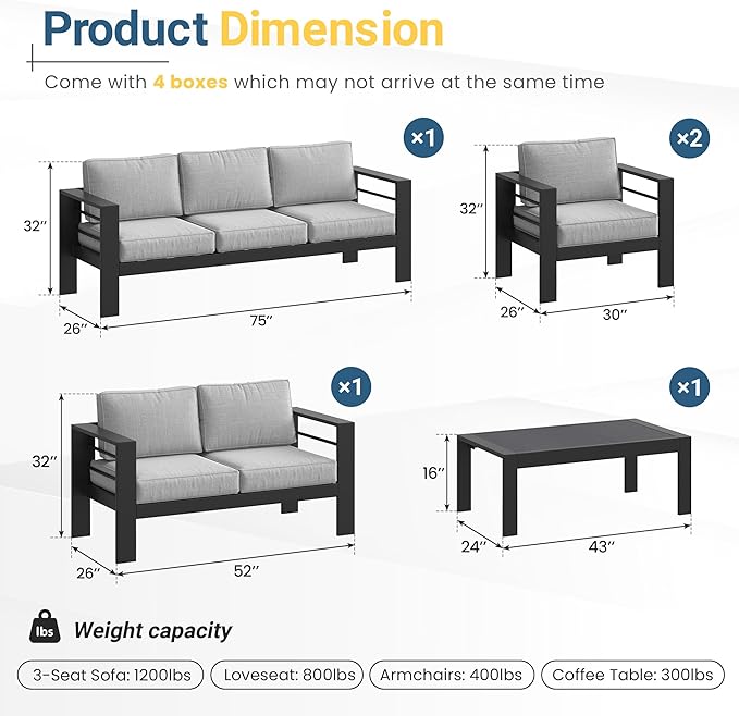 Solaste Aluminum Outdoor Patio Furniture Set, 7 Seats Patio Sectional Sofa - Image 2