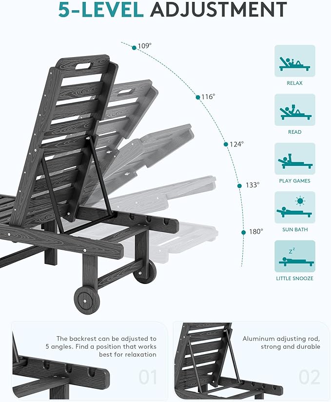 SERWALL Outdoor Chaise Lounge Chair, HDPE Patio Lounge Chair - Image 5