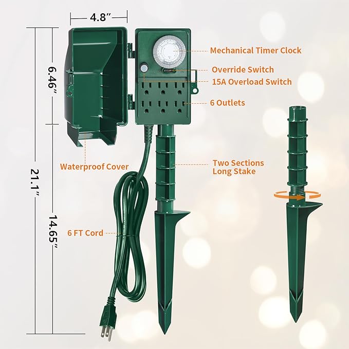 SURAIELEC Outdoor Power Stake, 24-Hour Mechanical Light Timer, Electrical Power - Image 7
