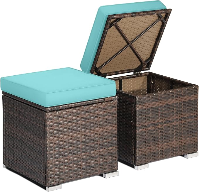 RELAX4LIFE Wicker Outdoor Storage Ottoman, 2-Piece Rattan Footstool w/Removable by RELAX4LIFE