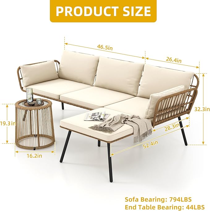DWVO Patio Furniture Set 3 Piece Outdoor Wicker Conversation Set - Image 3