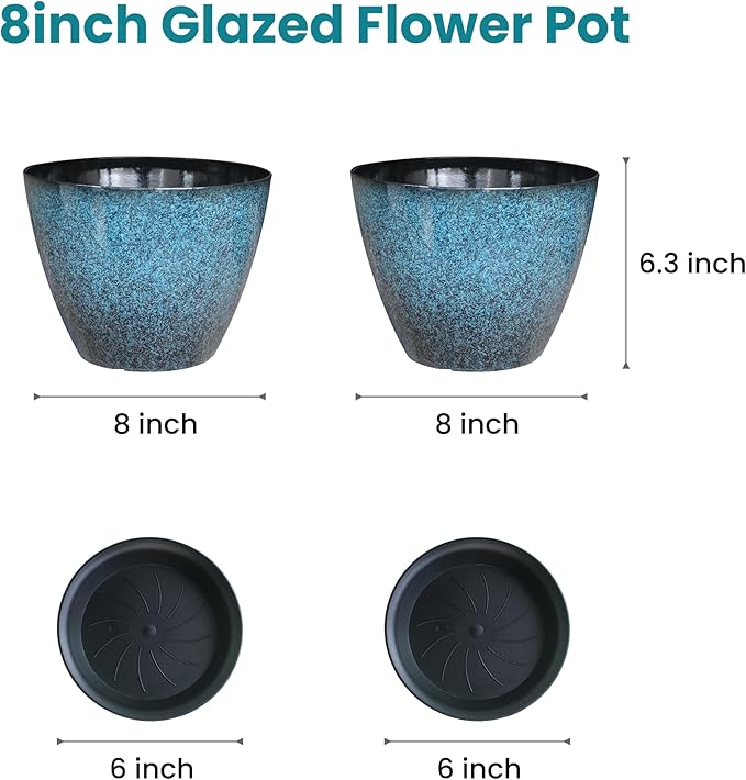 2 Pack Plastic Plant Pots with Drainage Holes, 8 inch Planter - Image 2