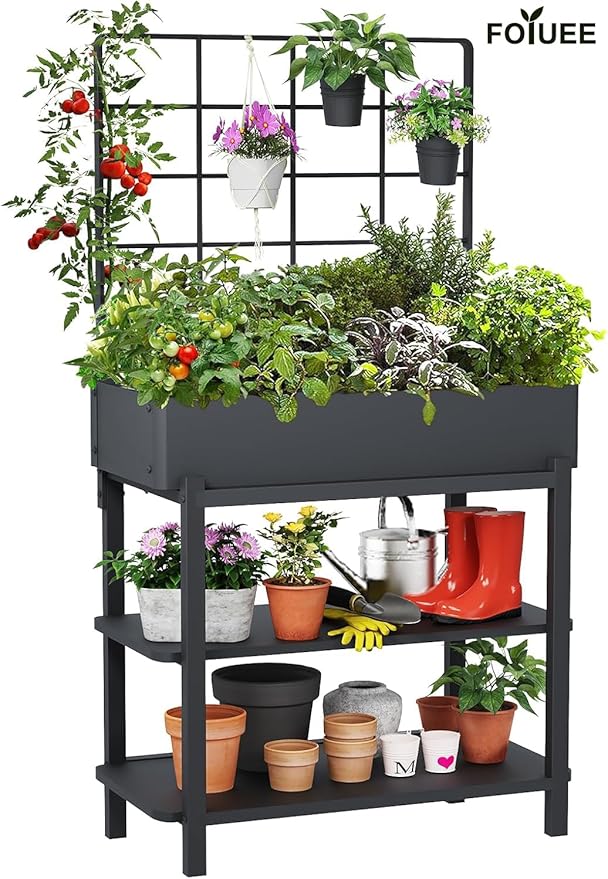 Metal Raised Garden Bed with Trellis & 2-Tier Storage Shelf, Elevated Planter - Image 6