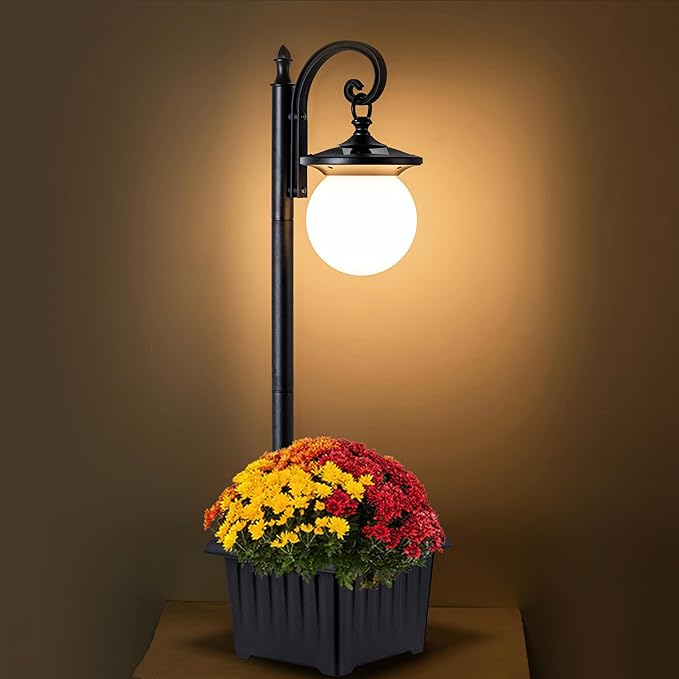 Outdoor Post Light with Planter, Matte Black Solar Lamp Post Light with Globe by YonaveilLighting