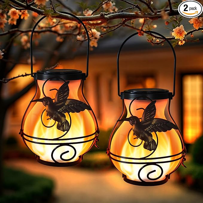 2 Pack Solar Lanterns Outdoor Waterproof Flickering Flame Lights Hummingbird by X-PREK