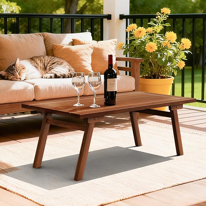 VINGLI Outdoor Folding Coffee Table, Natural Poplar Wood Patio Coffee Table - Image 7