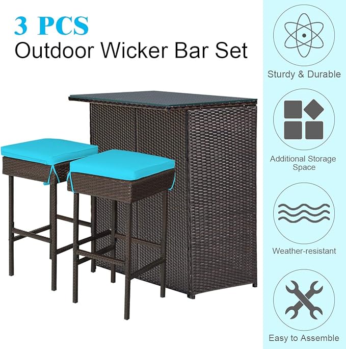 Tangkula Patio Bar Set, 3 Piece Outdoor Rattan Wicker Bar Set - Image 8