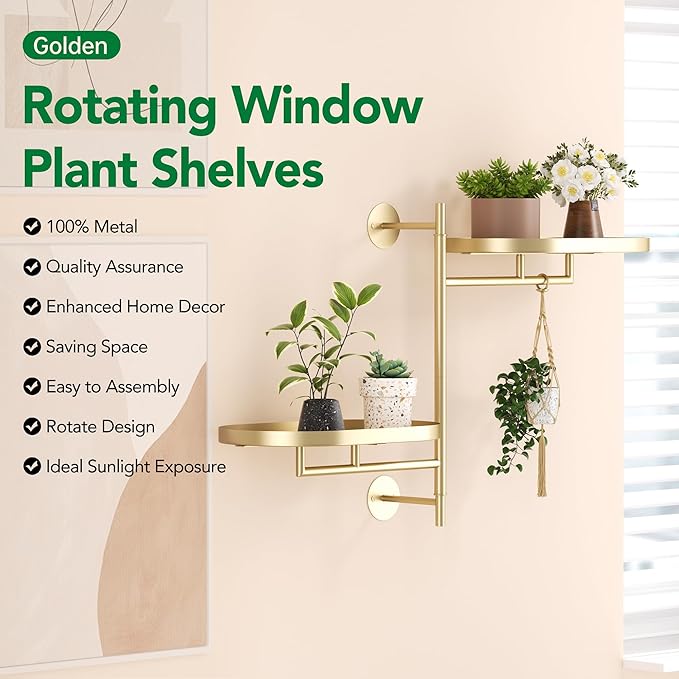 Rotating Window Shelves for Multiple Plants Indoor, 2-tier Metal Corner golden - Image 2