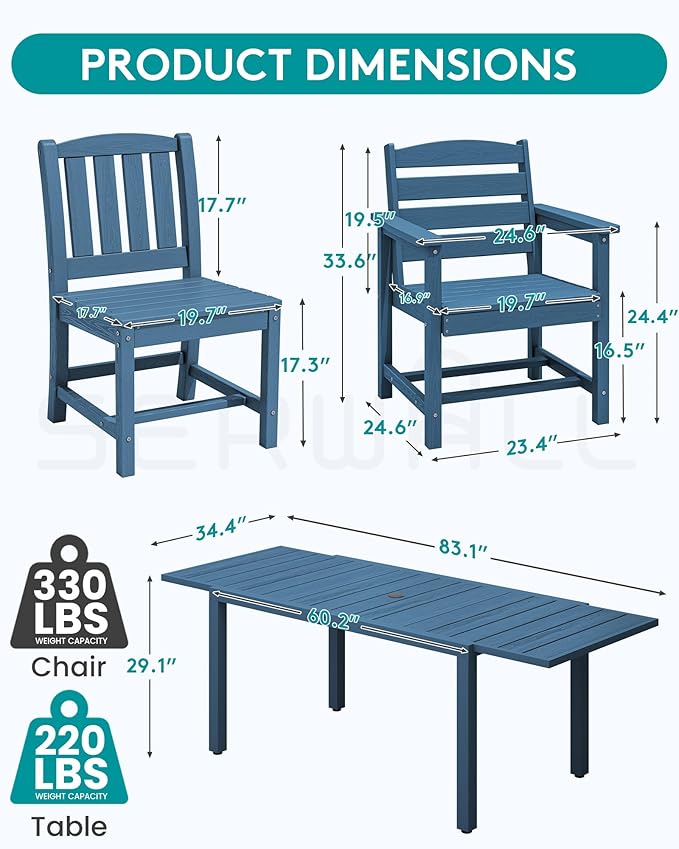 SERWALL 9-Piece Outdoor Dining Set, All Weather HDPE Outdoor Furniture Set - Image 2