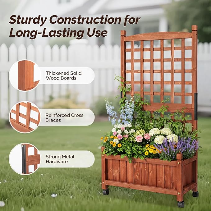 VINGLI Wooden Planter with Trellis, FreeStanding Planter Box with Drainage Holes - Image 3