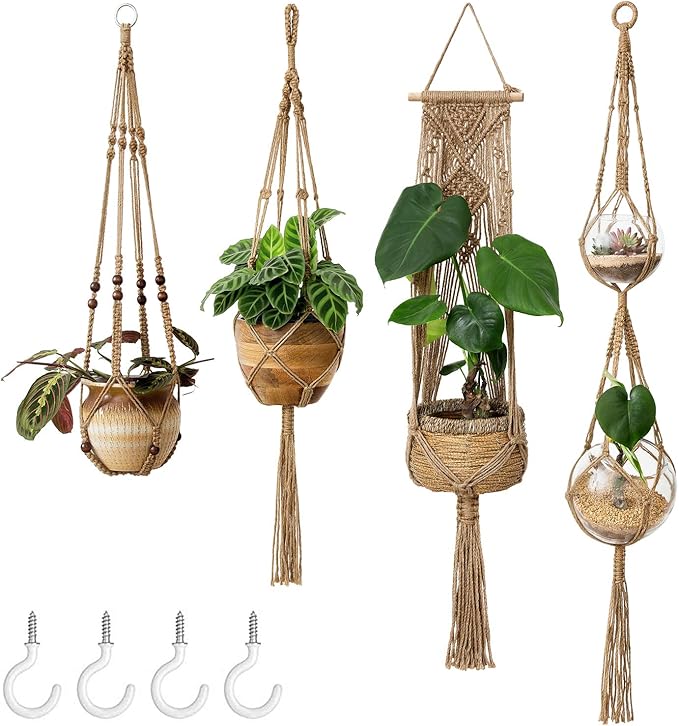 Mkono Macrame Plant Hangers Set of 4 Indoor Hanging Planter Basket Wall by Mkono