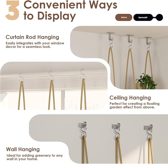 Bamworld Hanging Shelves Plant Hanger Indoor Window Plant Shelves Wood Plant - Image 7