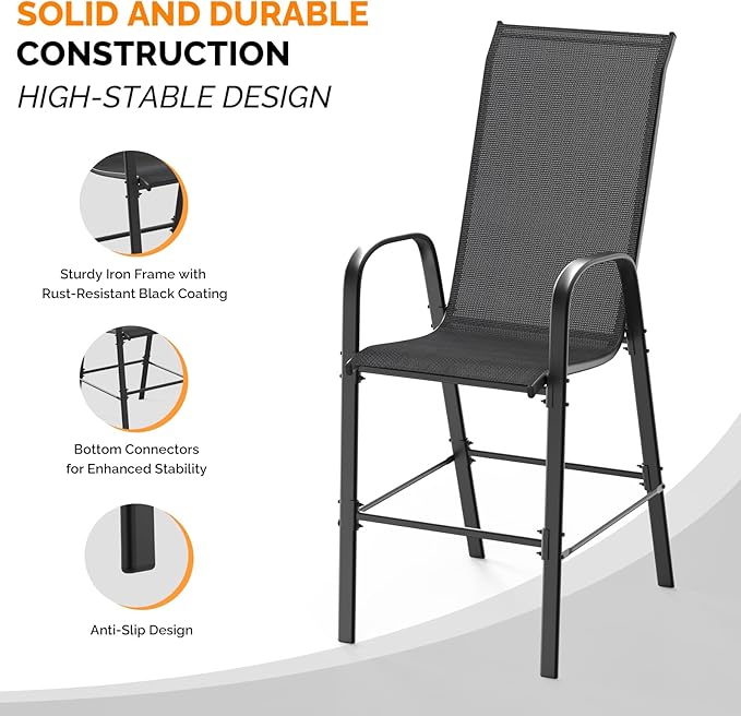 VINGLI Outdoor Bar Chairs Set of 6 – Stackable Outdoor Bar Stools - Image 4