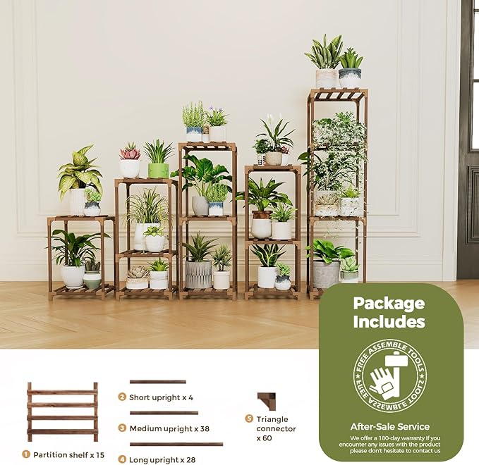 Bamworld 5 Sets Plant Stands Indoor Outdoor Combo Plant Shelves Wooden Plant - Image 7