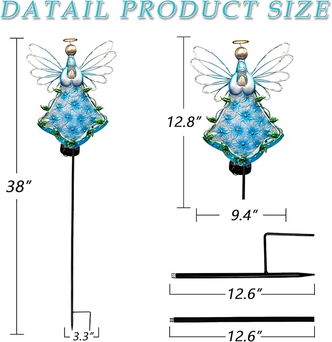 38Inch Angel Solar Lights Outdoor Decorative-Metal&Glass Angel Blue Hydrangea - Image 6