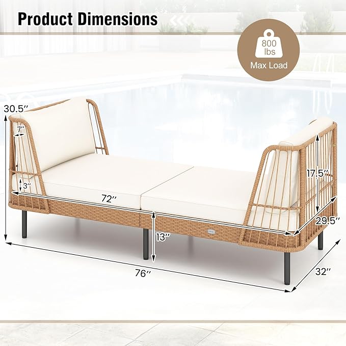 Tangkula Patio Rattan Daybed Set of 2, Boho Outdoor Wicker Lounge Sofa - Image 5