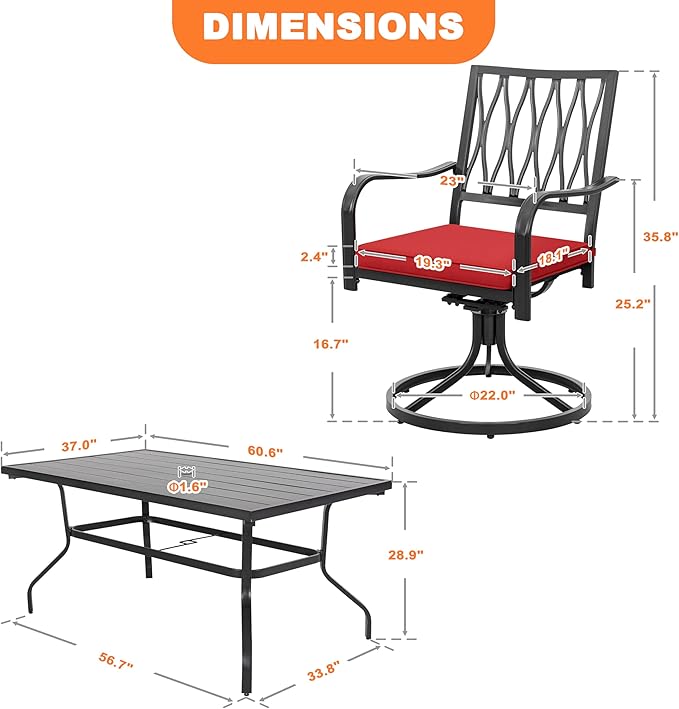 NUU GARDEN 7 Piece Outdoor Dining Set Rectangle Iron Patio Table - Image 6