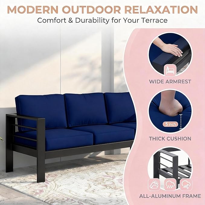 Kiss the Water Outdoor Couch Aluminum Patio Furniture Sofa, 3 Seat All-Weather - Image 8
