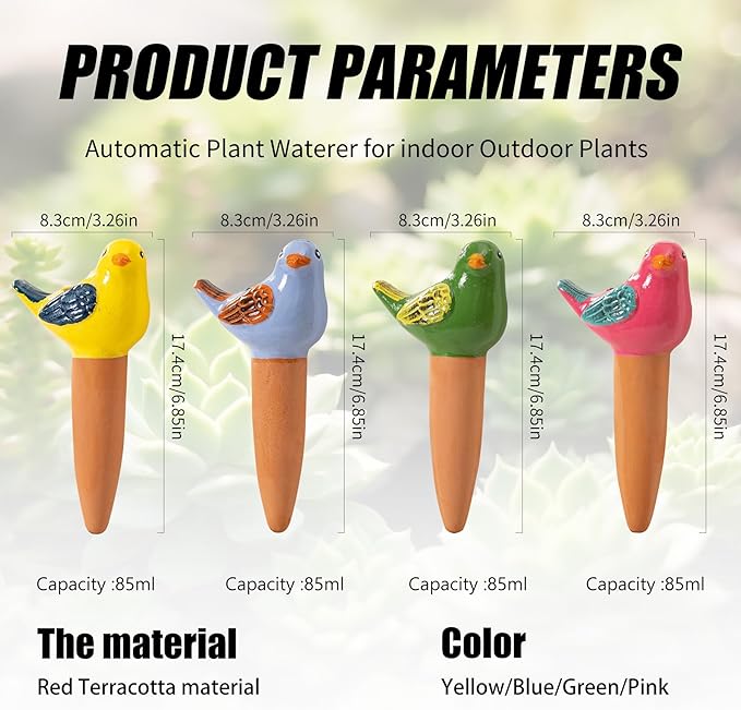4 Pack Self Watering Bird Shaped Globes, Terracotta Vacation Planters Devices - Image 2