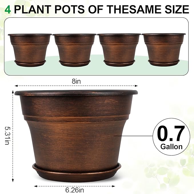 Plant Planters Pots Set of 4 Pack 8 Inch, Plastic Flower Pot - Image 3