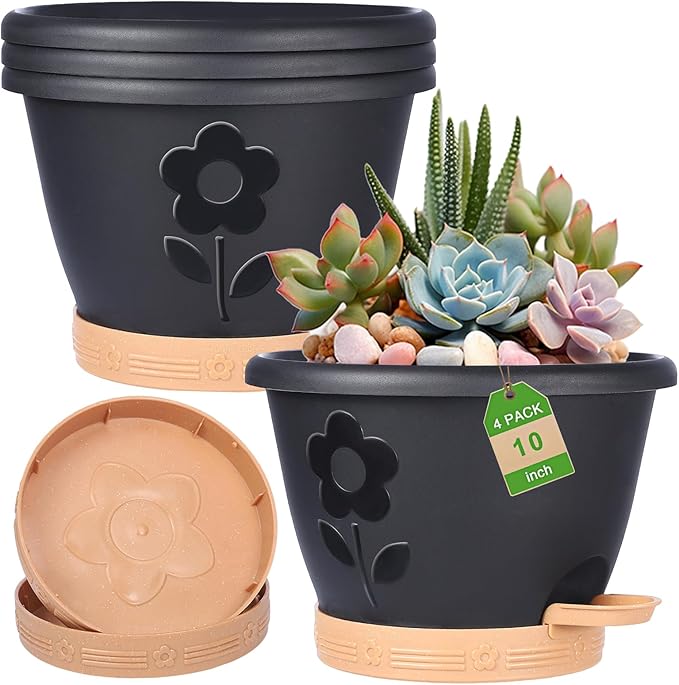 Plant Pots 10 Inch Set of 4, Self Watering Pots by gegemaoyi