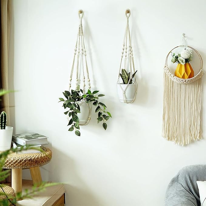Macrame Plant Hangers with Pots and Saucers, 3 Pack Hanging Planters - Image 3