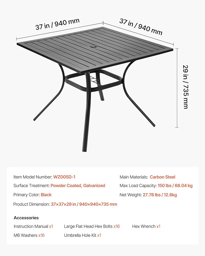 VEVOR Outdoor Patio Dining Table, 37 inch Square Metal Steel Slat Backyard - Image 3