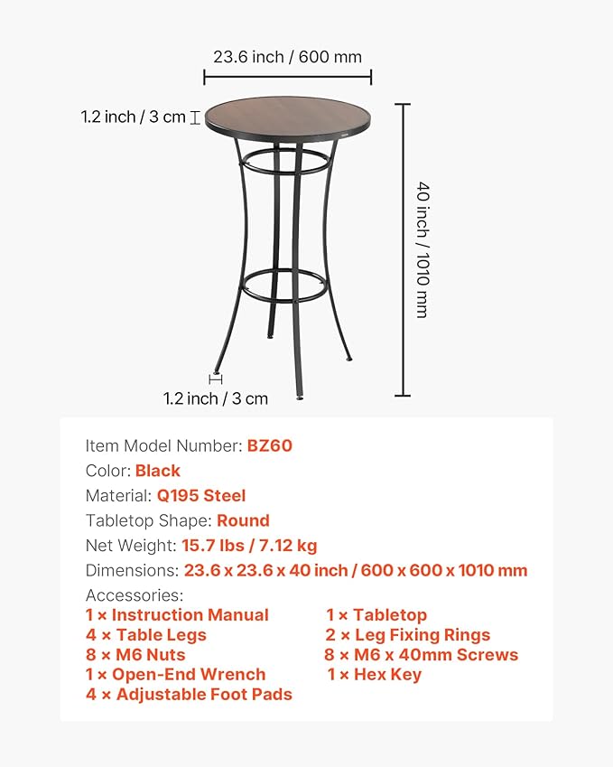 VEVOR Outdoor Round Bar Table, 23.7 in Counter Bar Height Bistro Table - Image 8