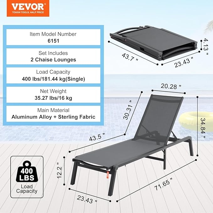 VEVOR 2 Pcs Chaise Lounge Chairs Outdoor, Aluminum Patio Lounge Chair - Image 3