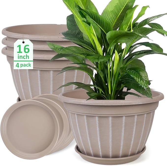 FGstyle 4 Pack 16 inch Plant Pots, Retro Vertical Stripe Planters by FGstyle