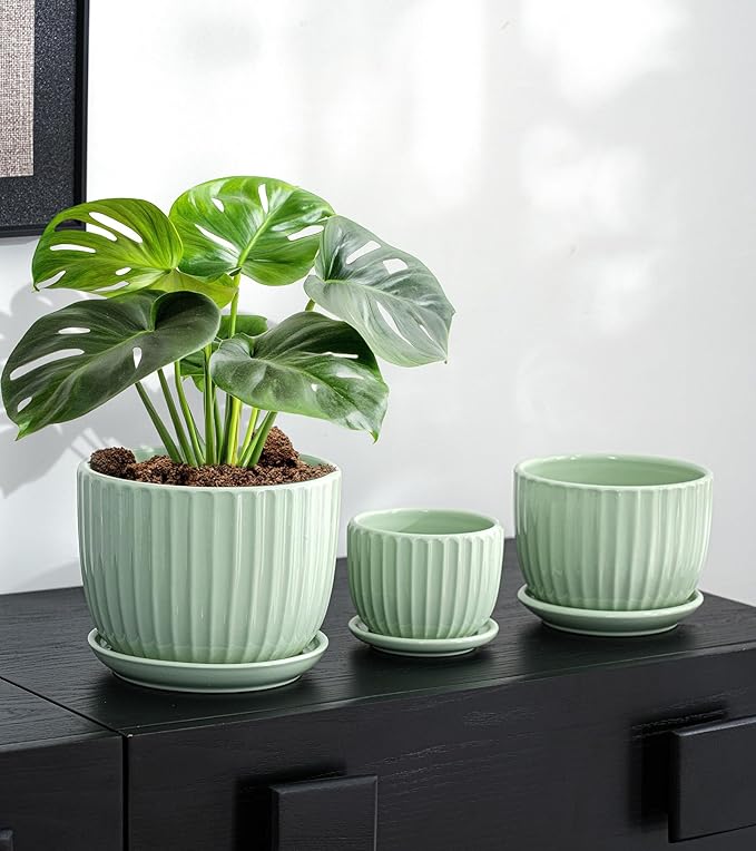 Ton Sin Flower Pots, Light Green Ceramic Plant Pots Set of 3, Small Glazed - Image 2