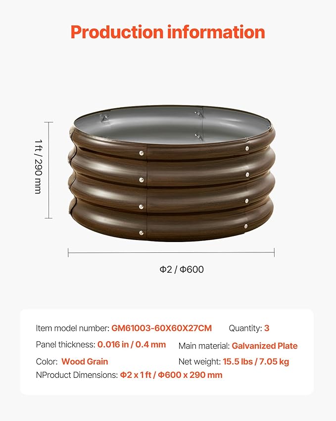 VEVOR 3 Pcs 2x2x1ft Round Galvanized Raised Garden Bed Kit, Outdoor Metal - Image 7