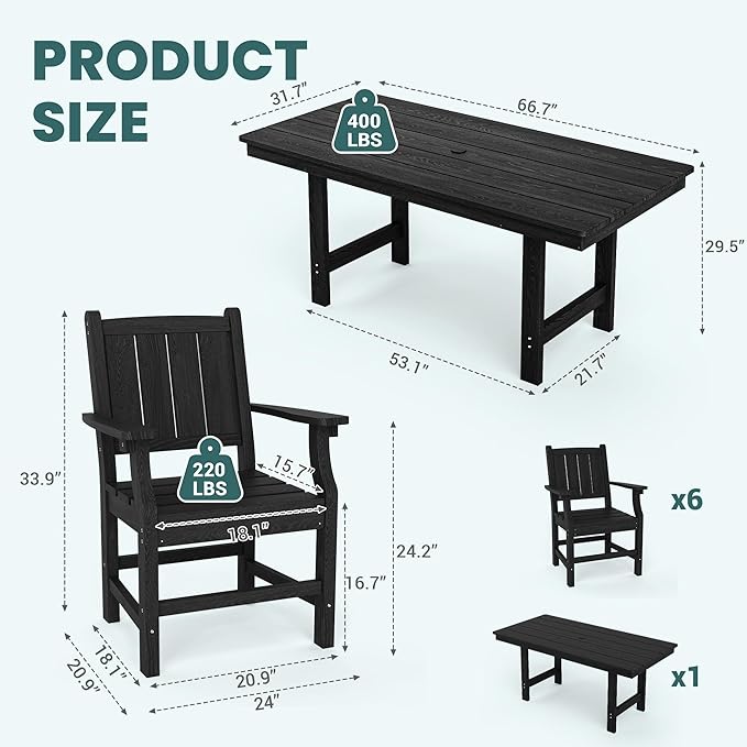 Pamapic 7 PCS Outdoor Dining Set, Spacious HDPE Outdoor Table and Chairs - Image 4